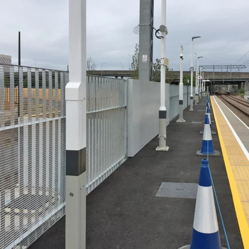 Barrier fencing at railway station platform at Meridian Water