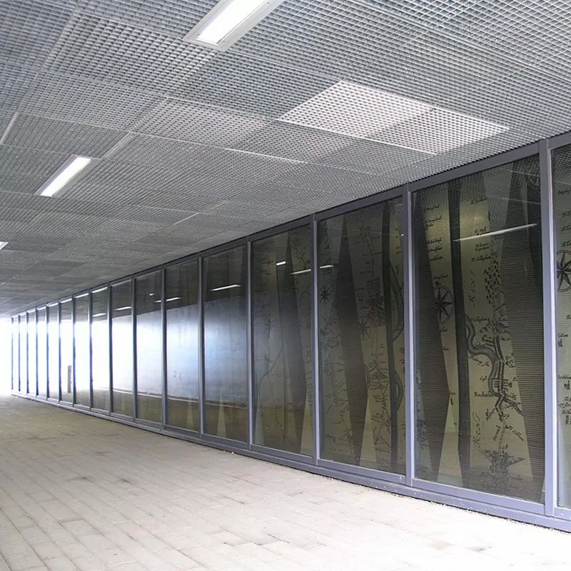 a LF Quattro 33 steel grating ceiling tiles Rochester Station 11
