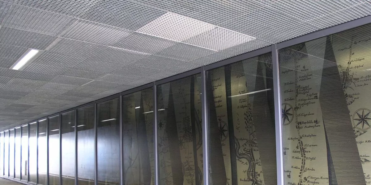 LF Quattro 33 steel grating ceiling tiles Rochester Station LF Quattro 33 steel grating ceiling tiles Rochester Station